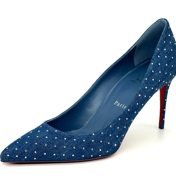 Christian Louboutin KATE PLUM STRASS 85 Crystal Denim Heels Pumps Shoes - Picture 6 of 15